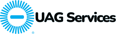 UAG Services logo with a blue sunburst-style circular icon and black text on a white background.